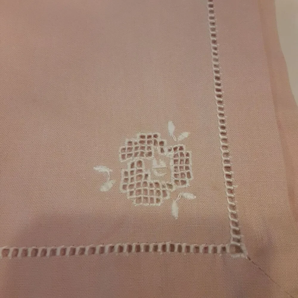 Vintage Tablecloth & Napkin Set Ladder Hemstitch & Floral Palest Pink Romantic